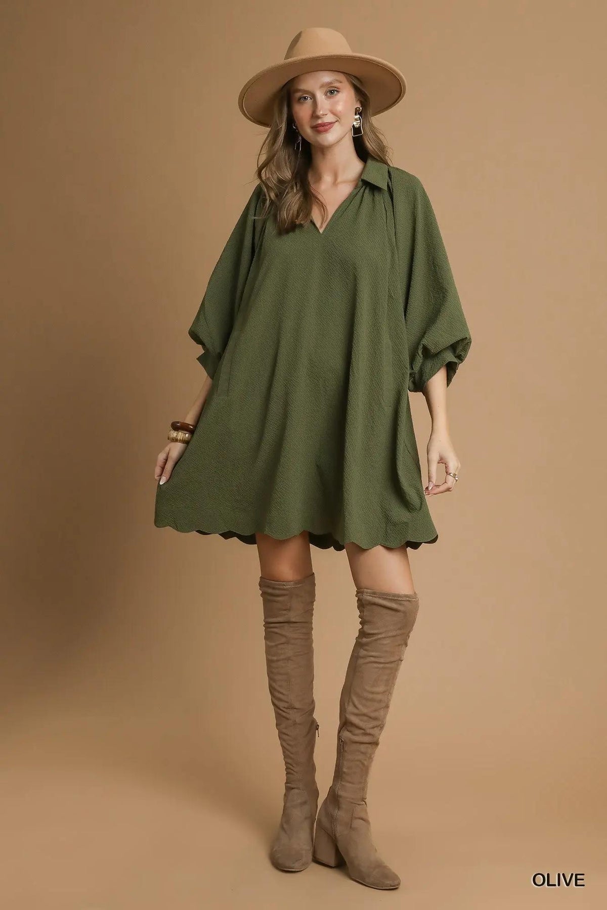 Plus V-Neck Dress w/ Puff Sleeves - Olive