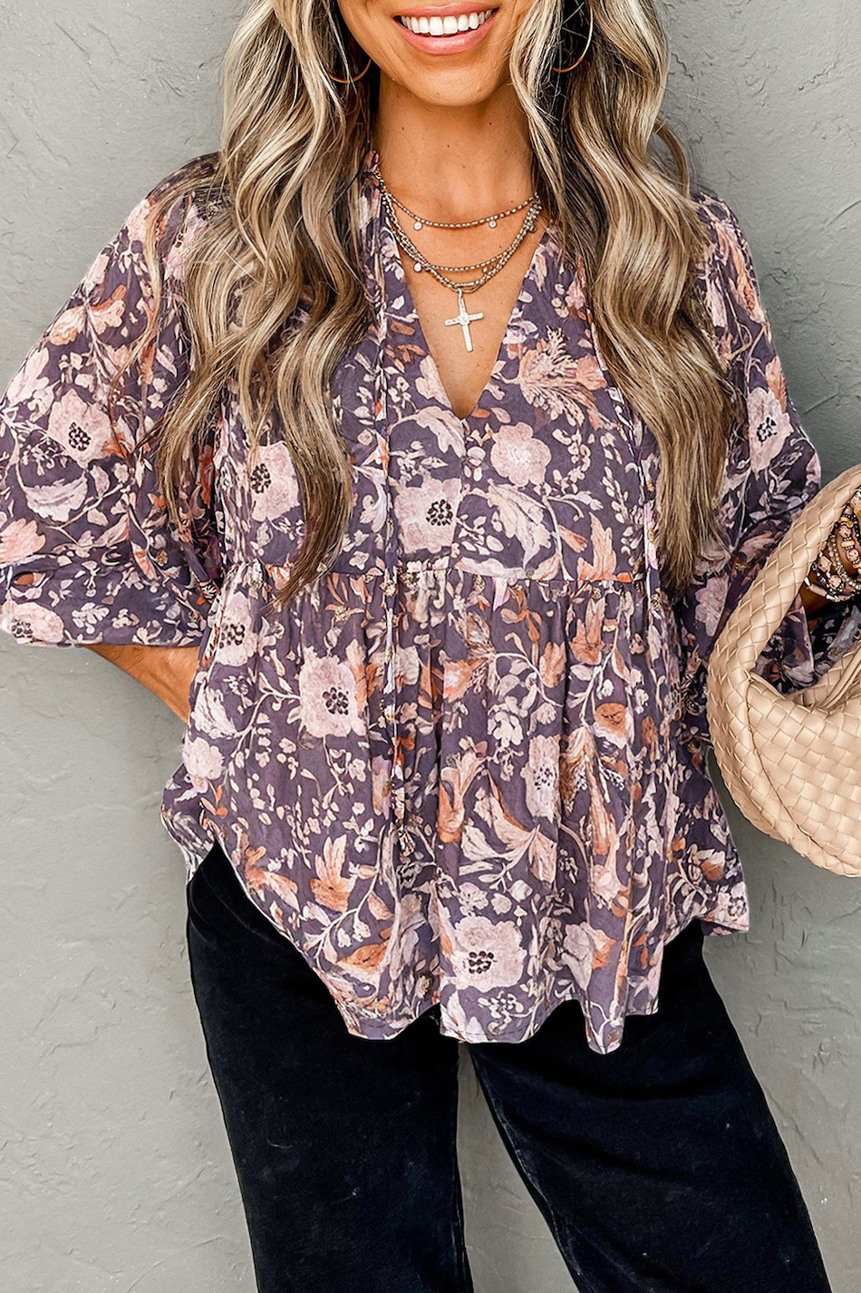 Boho Flower 3/4 Sleeve Blouse - Blue