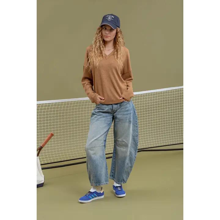 Solid Notch Knit Top - Almond
