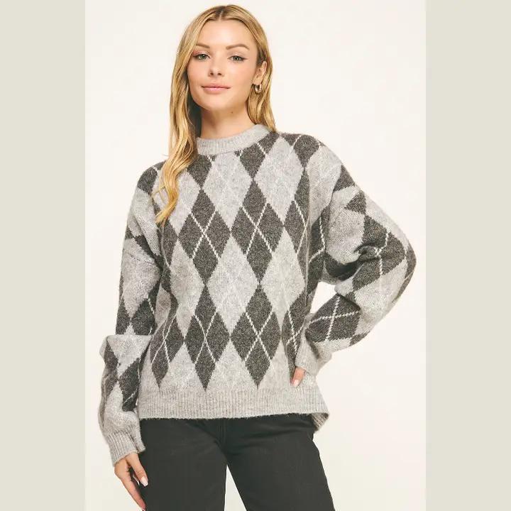 Checkered Crewneck Pullover - Grey