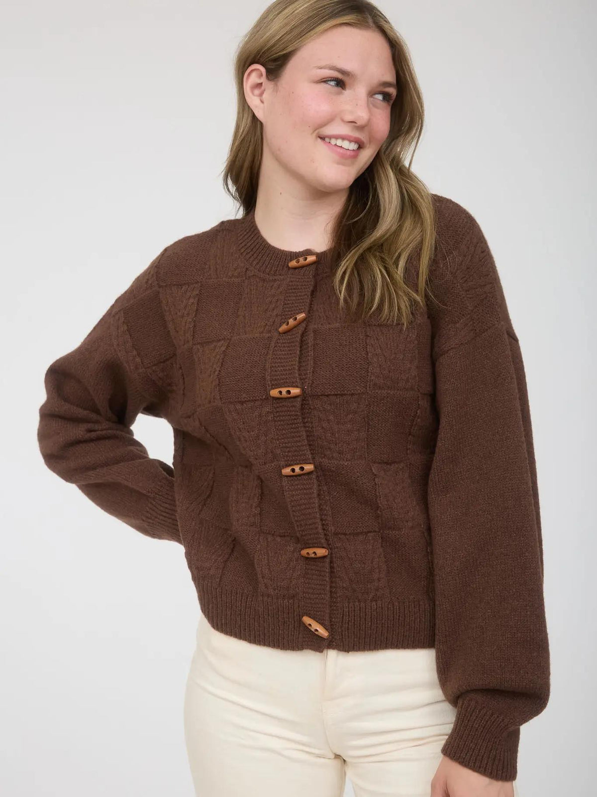 Checkered Button Down Cardigan - Brown