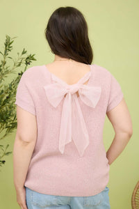 Plus Back Sheer Tie Short Sleeve Sweater