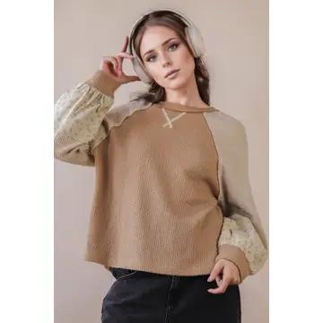 Color Block Textured Top - Mocha