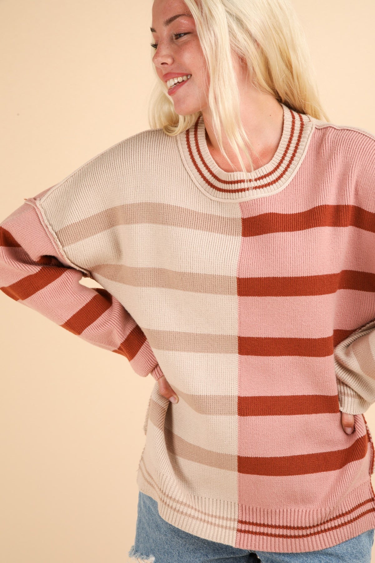 Plus Color Block Oversized Striped Sweater