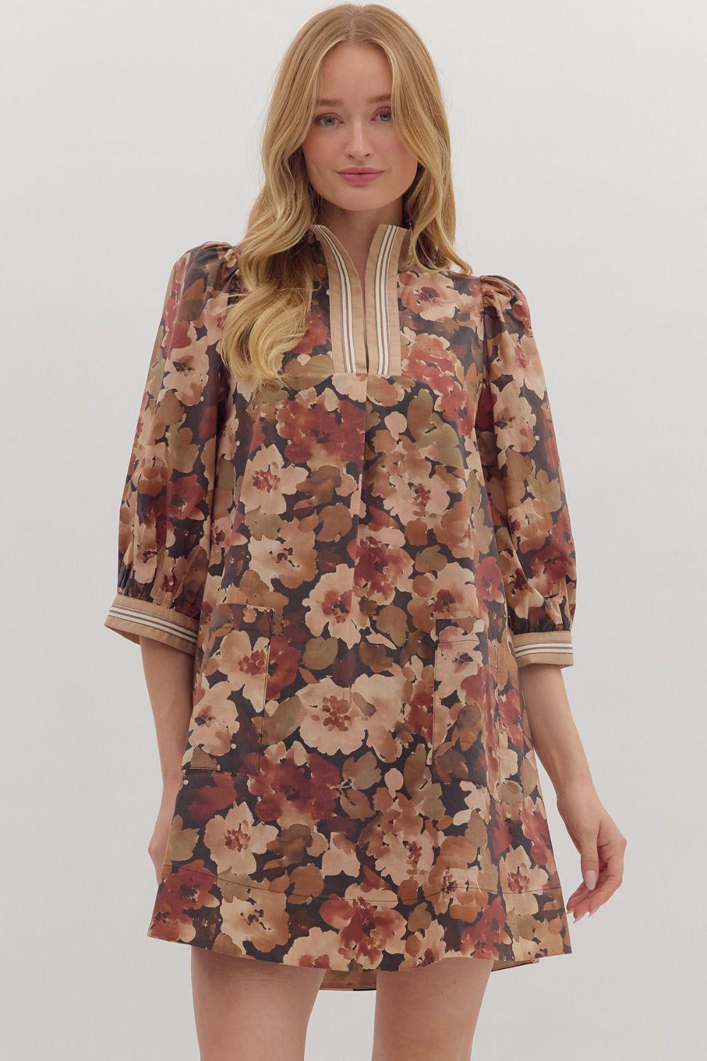 Floral Mini Dress w/ Striped Trim - Brown