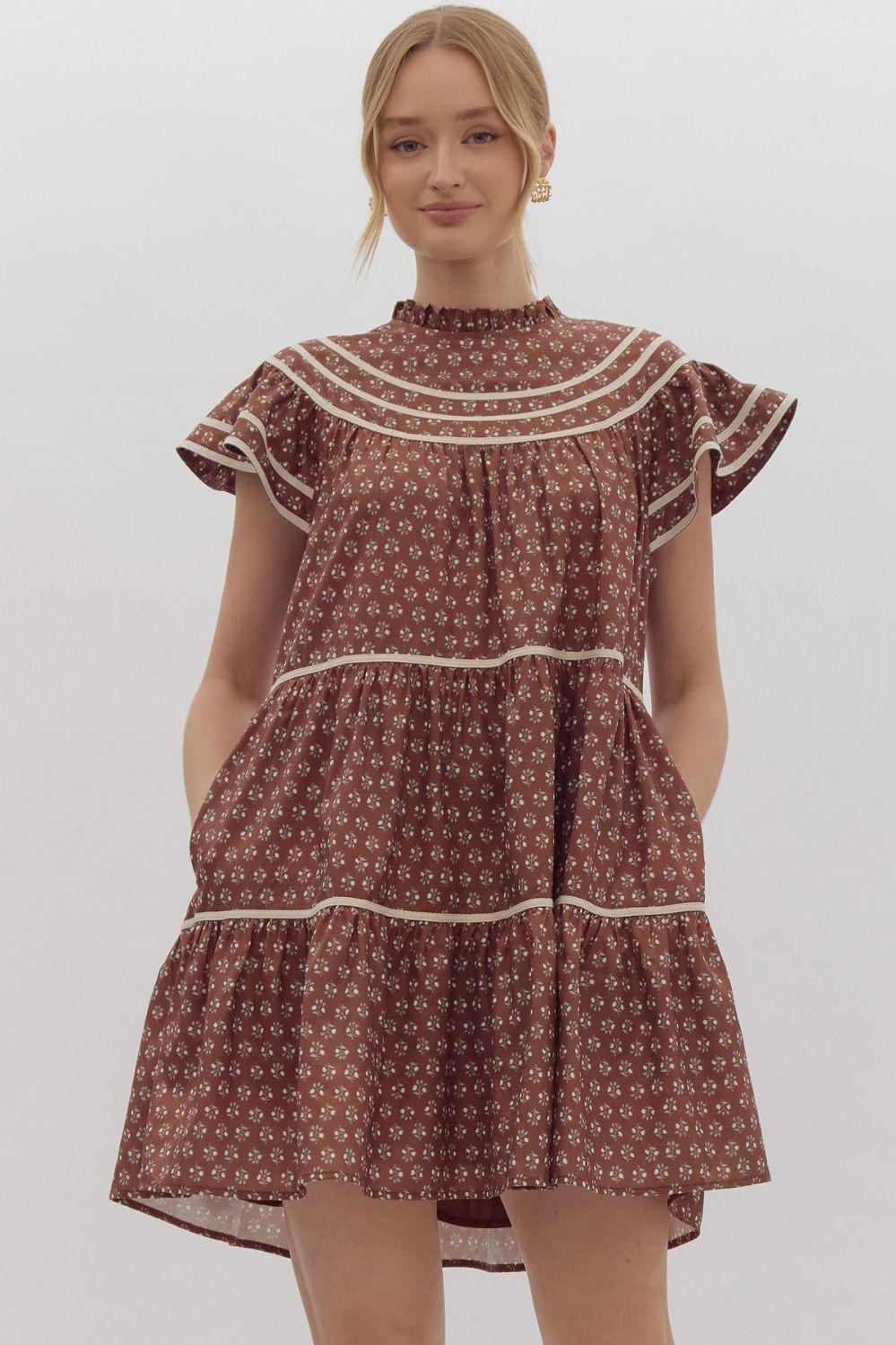 Floral Print Ruffled Dress - Brown