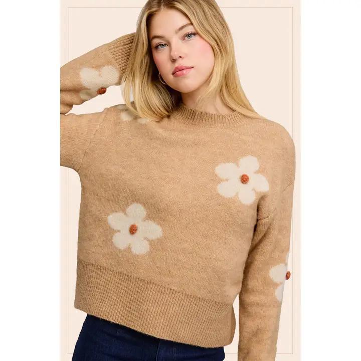 3D Floral Mock Neck Sweater - Crumb Cake
