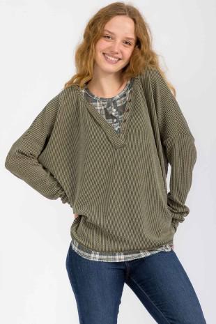 Plus Rib Top w/ Plaid Trim - Olive