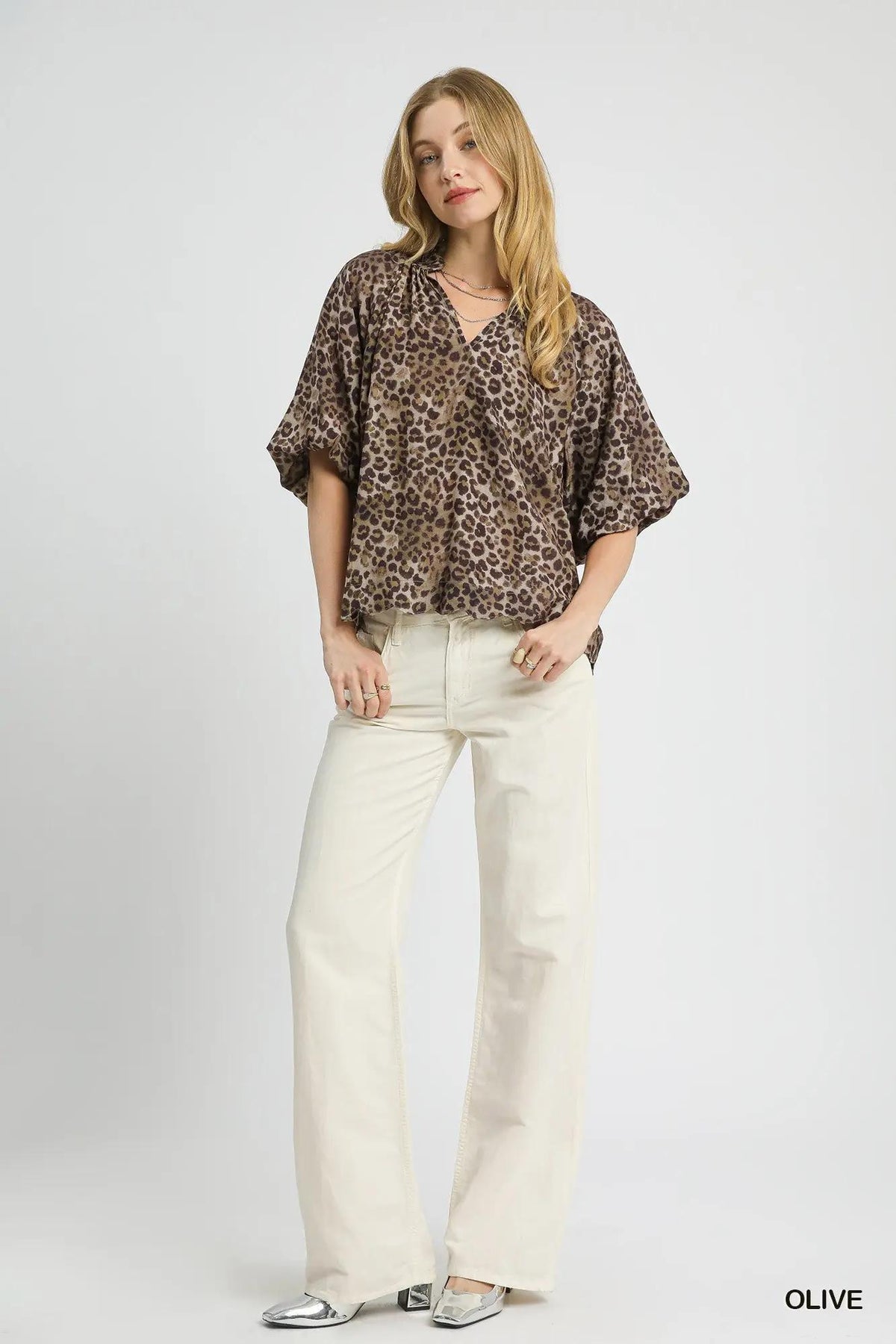 Plus Animal Print Blouse - Olive