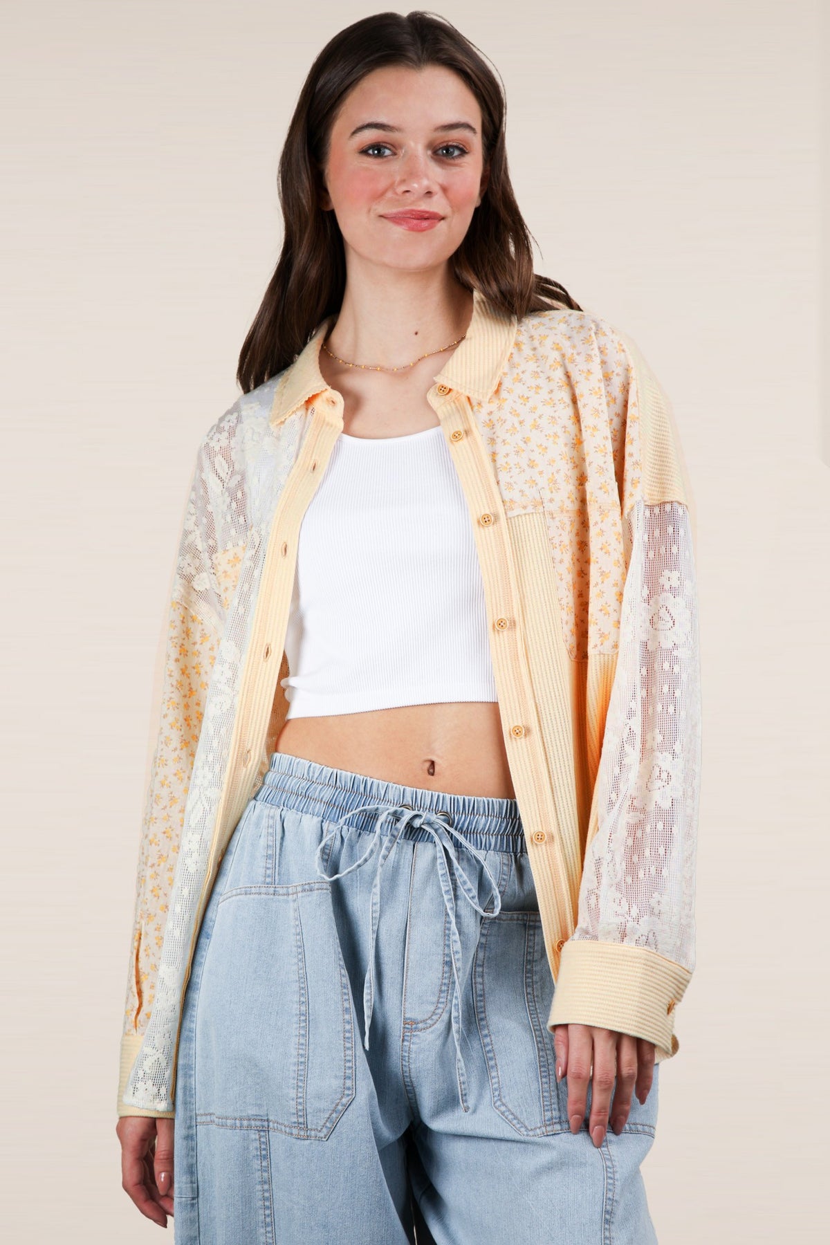 Plus Contrast Knit & Lace Shacket
