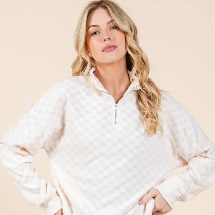 Fuzzy Checkered 1/4 Zip - Cream