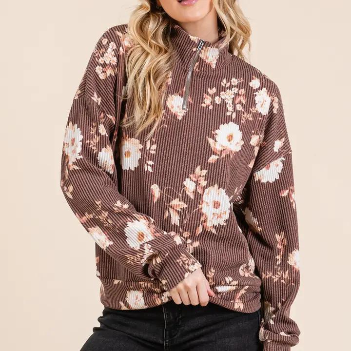 Floral 1/4 Zip - Mocha
