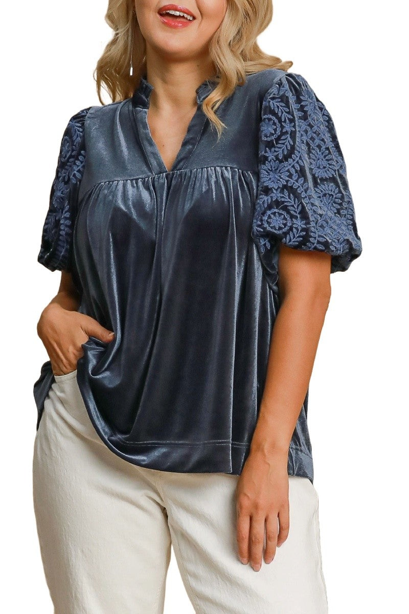 Velvet Embroidered Sleeve Top