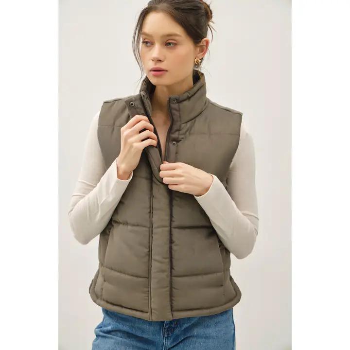 Suede Puffer Vest - Olive