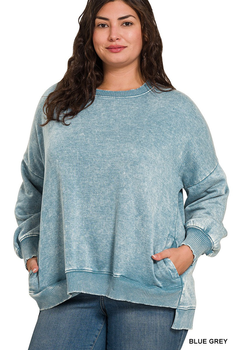 Plus Acid Wash Hi-Low Pullover