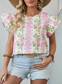 Floral Print Striped Ruffle Top