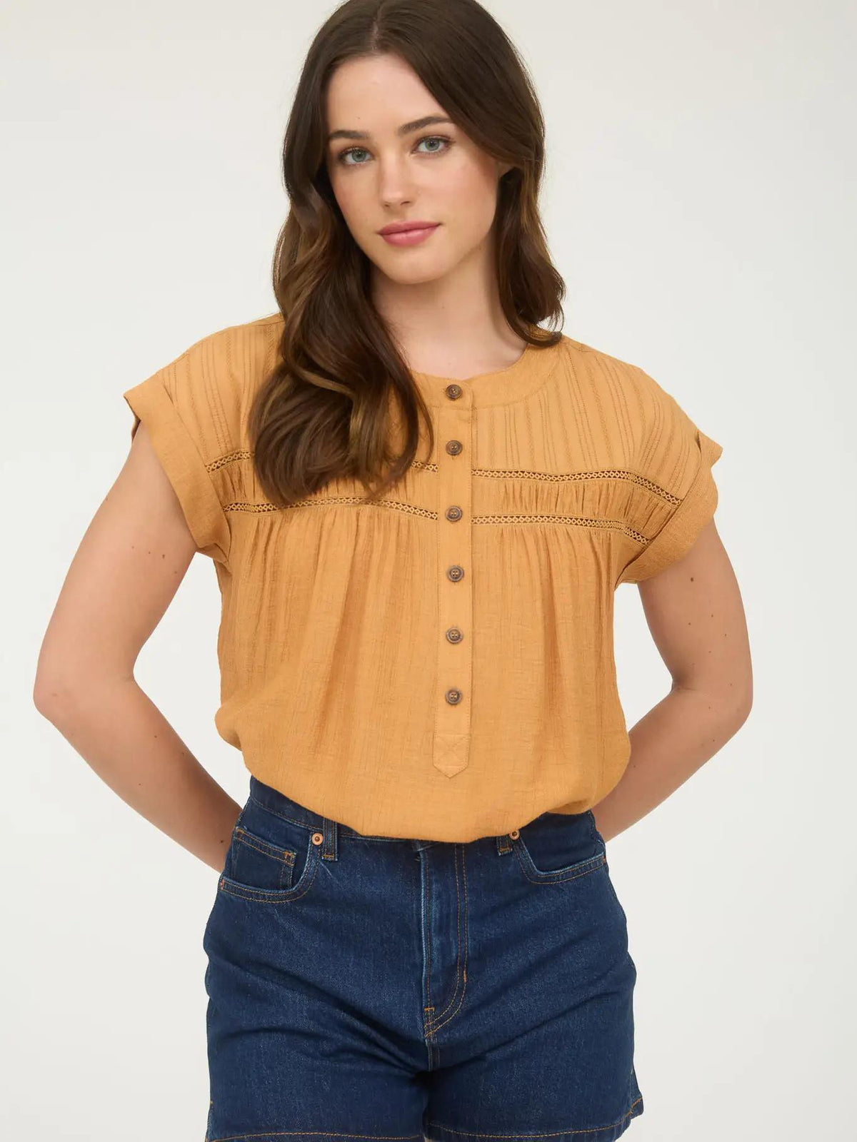 Half Button Eyelet Trim Top - Dusty Apricot