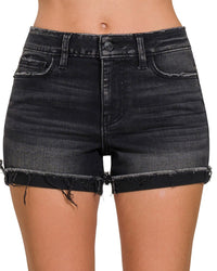 Plus Washed Black Cuffed Raw Hem Denim Shorts
