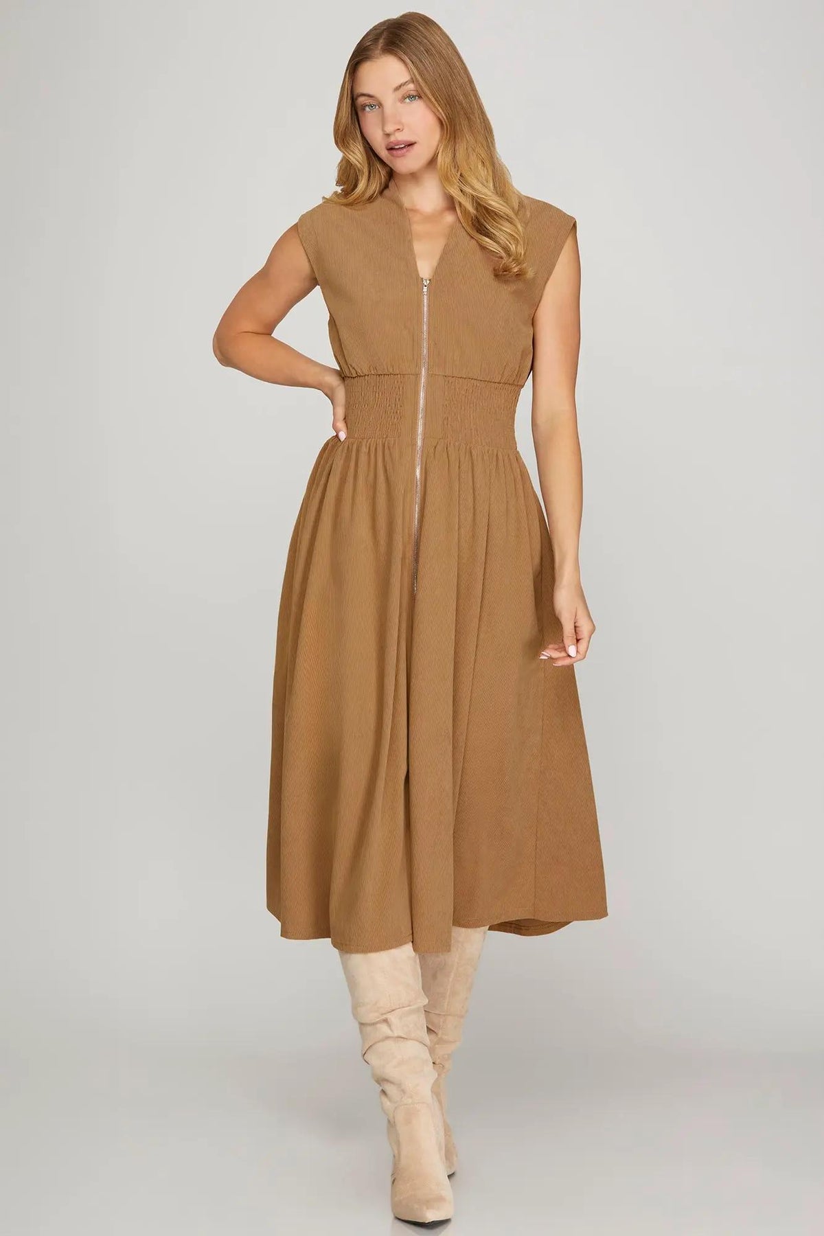 Front Zip Corduroy Midi Dress - Taupe