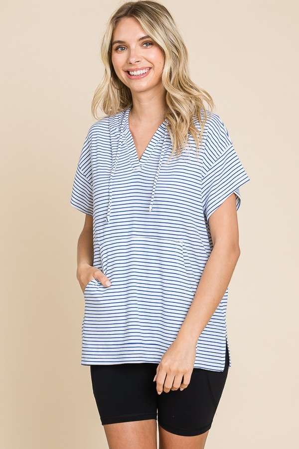 Plus Short Sleeve Striped Hoodie
