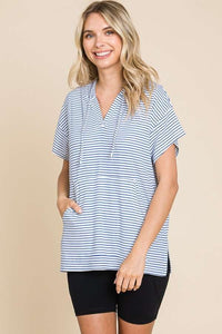 Plus Short Sleeve Striped Hoodie