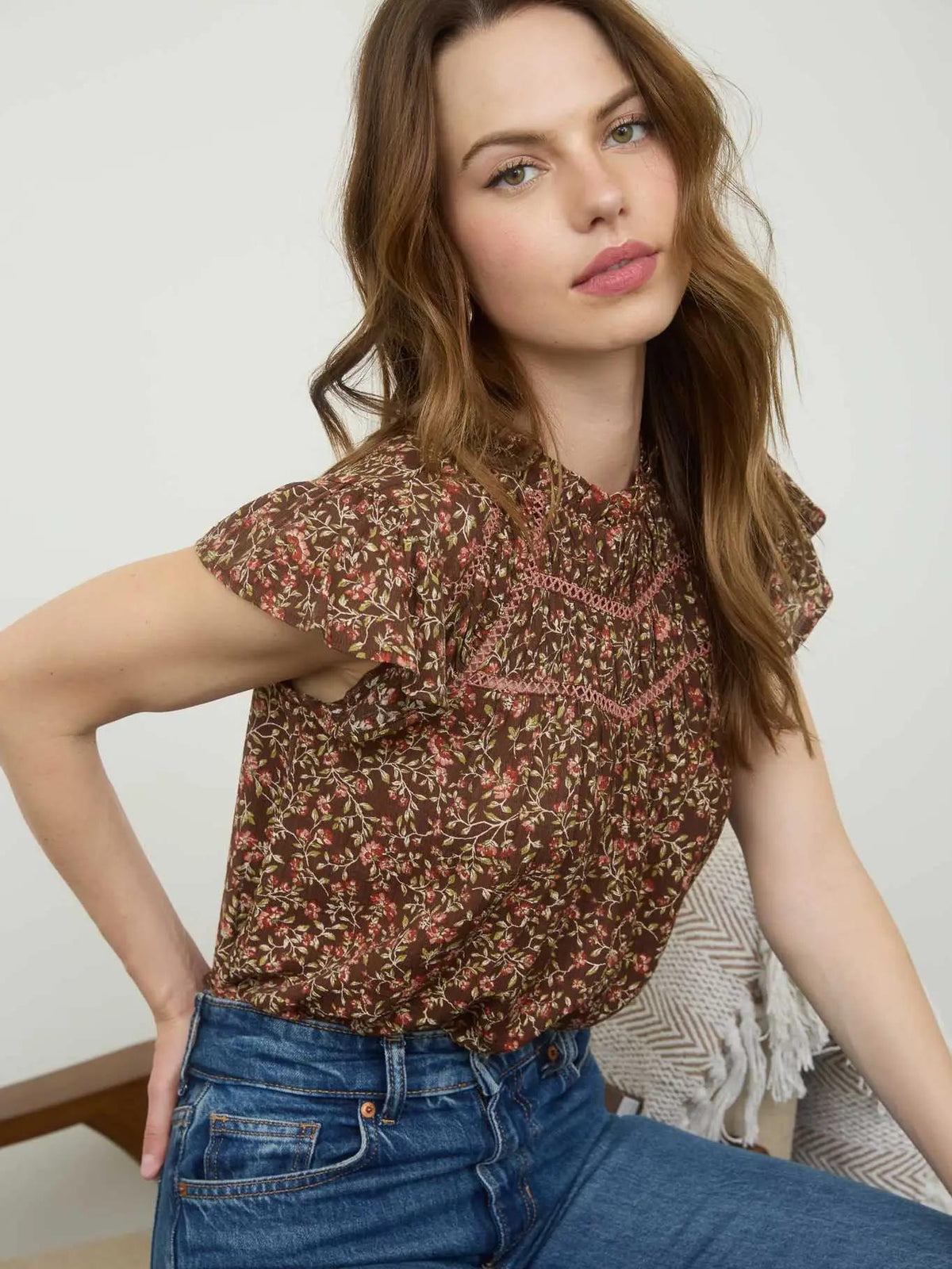 Ruffle Yoke Floral Blouse - Brown
