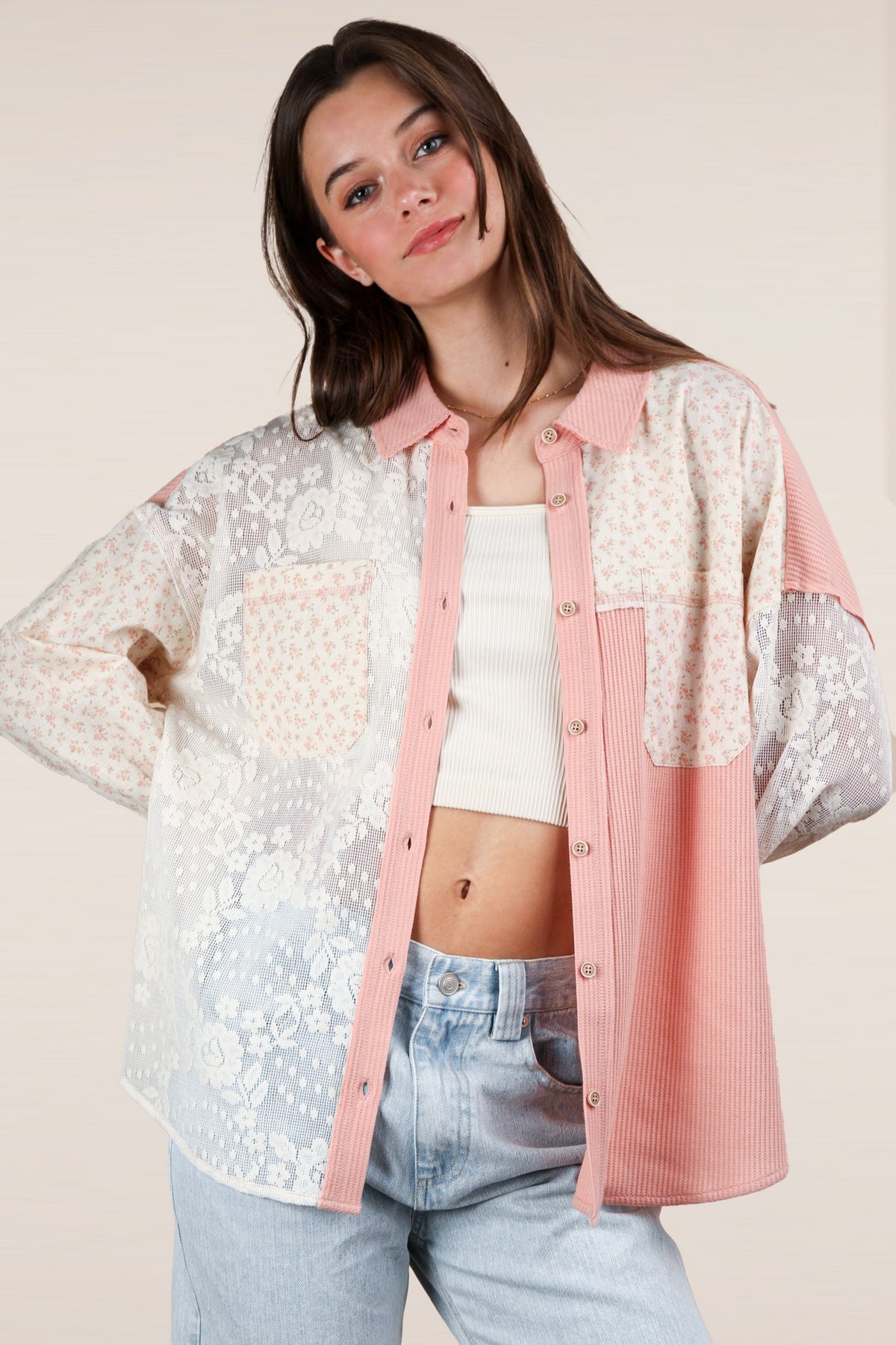 Plus Contrast Knit & Lace Shacket