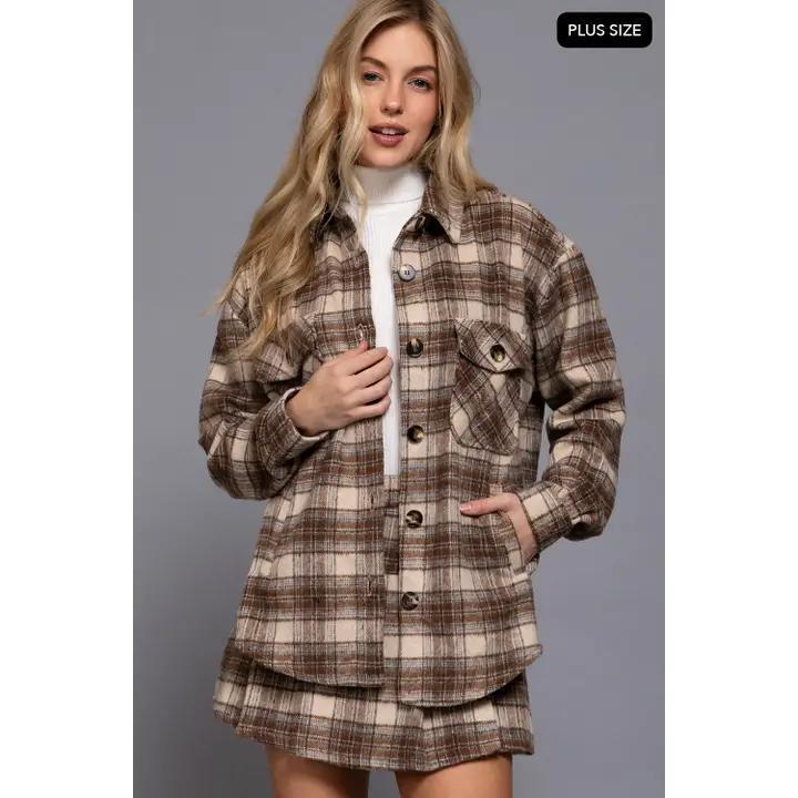 Wool Blend Plaid Jacket - Chocolate