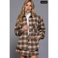 Plus Wool Blend Plaid Jacket - Chocolate