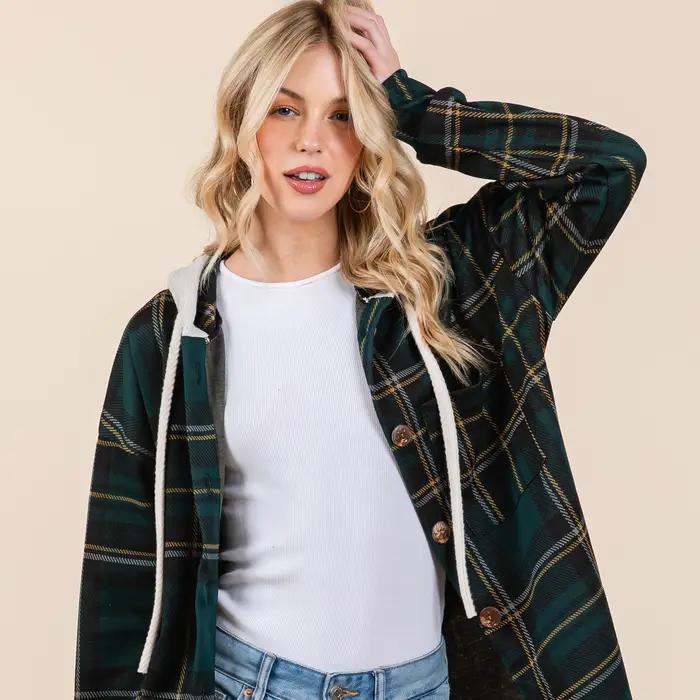 Button Hooded Shacket - Green Plaid