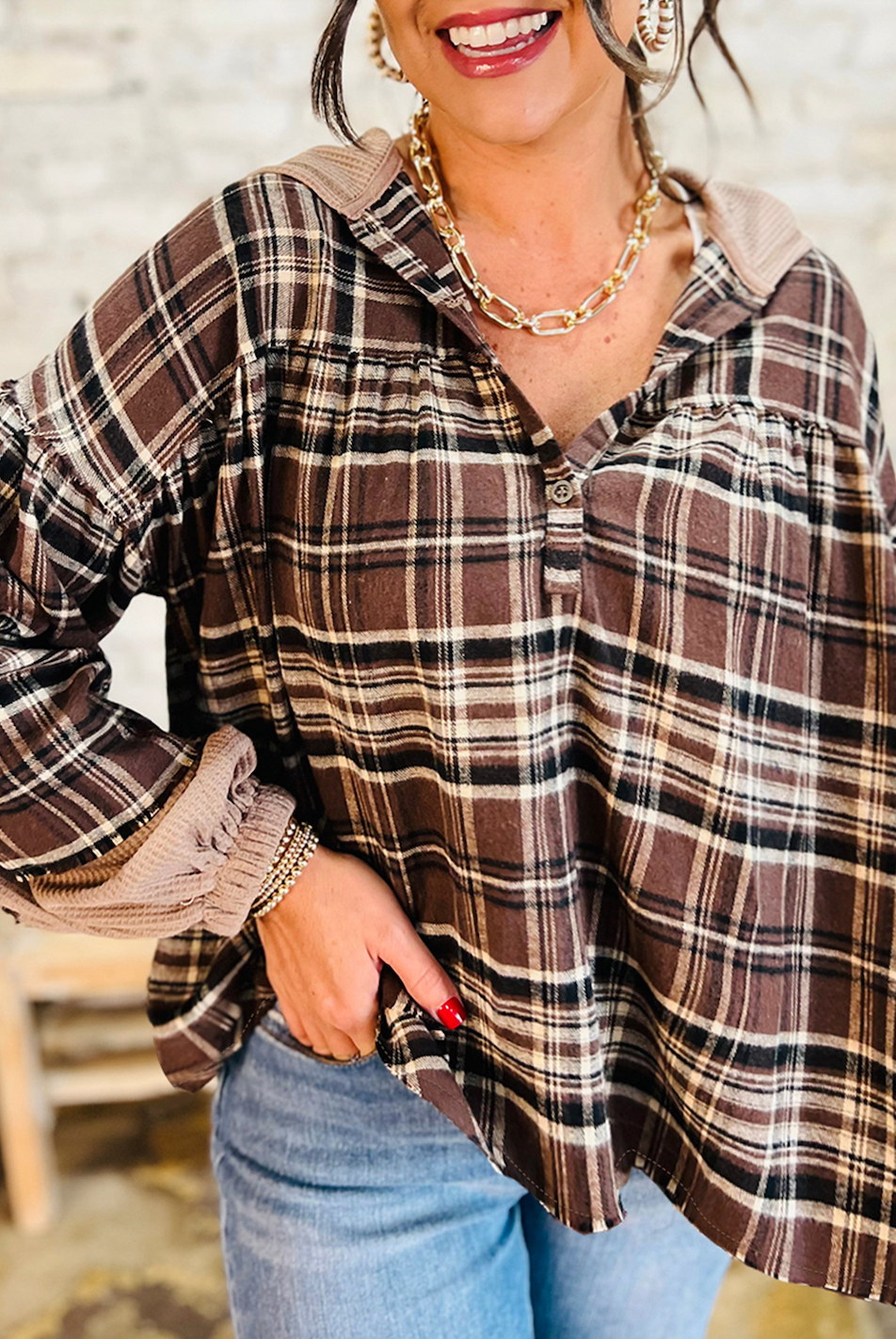 Plaid Long Sleeve Hooded Blouse - Brown