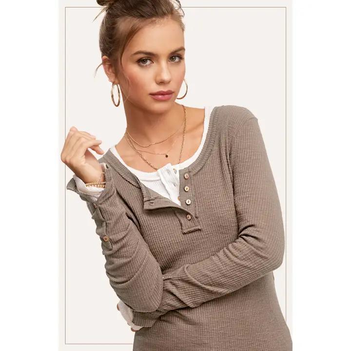 Ribbed Henley Fitted Long Sleeve - Mocha