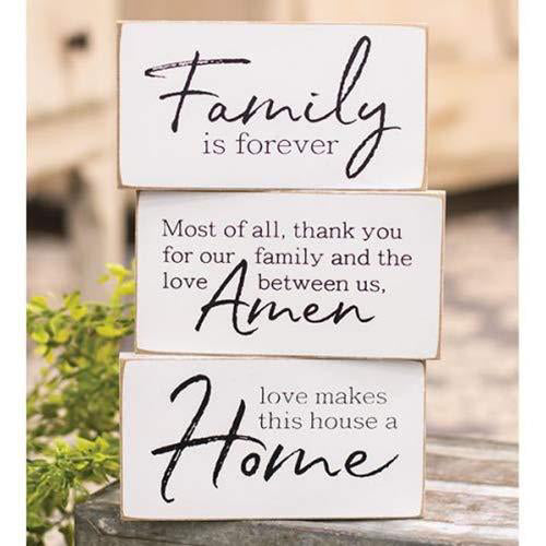 Hearthside Set of 3 Wood Inspirational Blocks - Family is Forever, Love Makes This House a Home, Thank You for Family & Love Between Us Amen