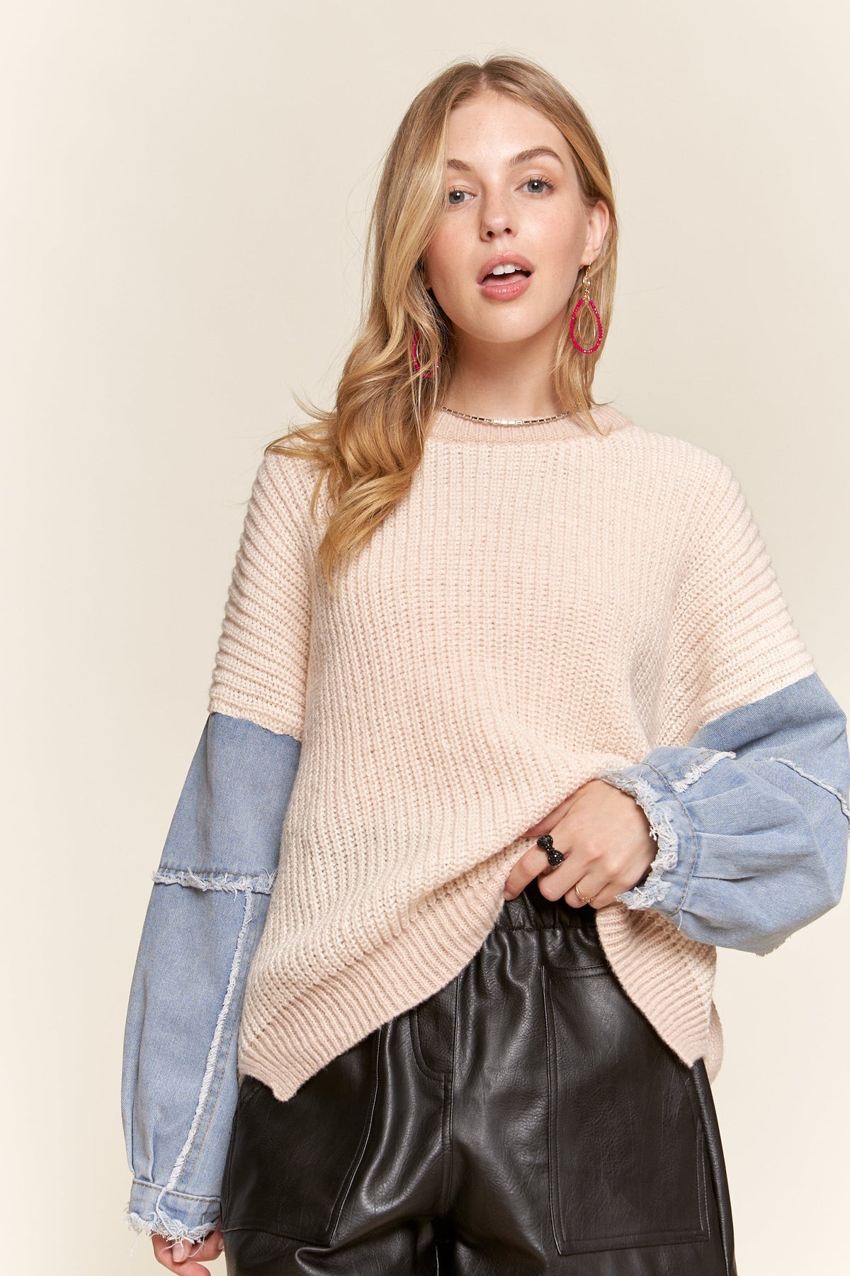 Frayed Denim Sleeve Sweater