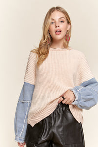 Frayed Denim Sleeve Sweater