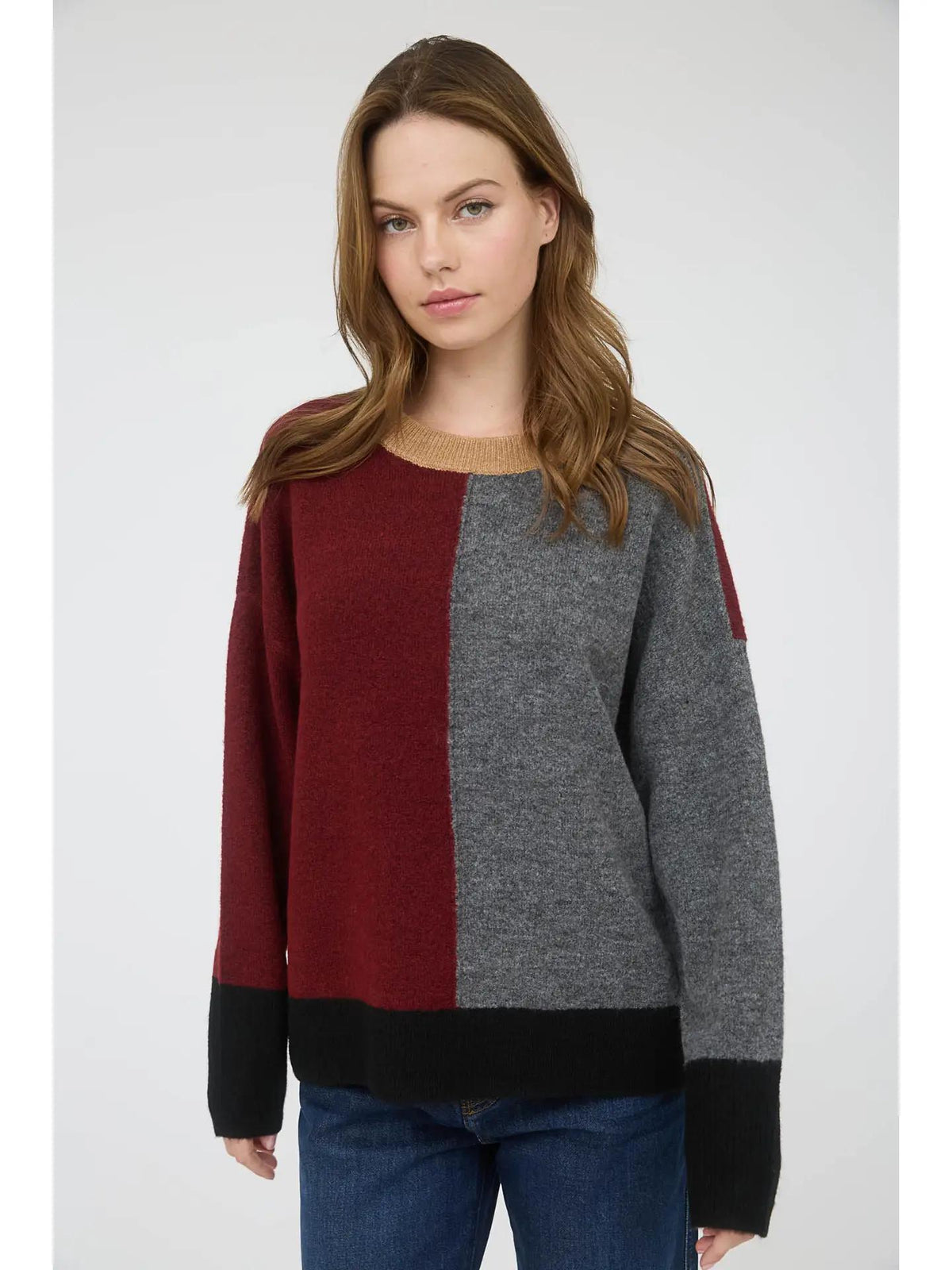 Colorblock Front Seam Long Sleeve - Red Wood