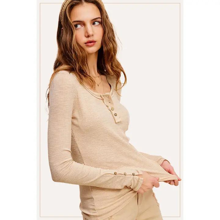 Ribbed Henley Fitted Long Sleeve - Beige