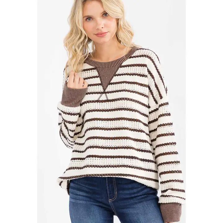 Striped Knit Sweater - Brown