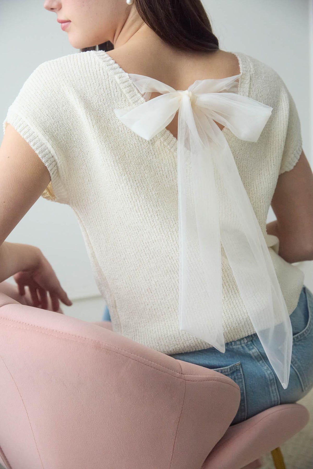 Back Sheer Tie Short Sleeve Sweater