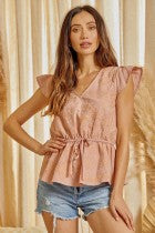 Embroidered Ruffle Sleeve Top