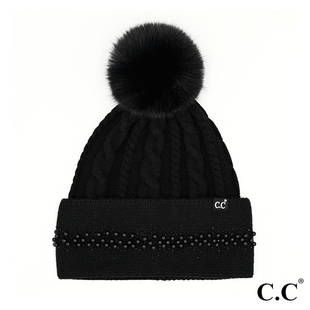 C.C. Pearl Embellished Pom Beanie