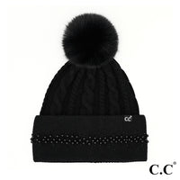 C.C. Pearl Embellished Pom Beanie