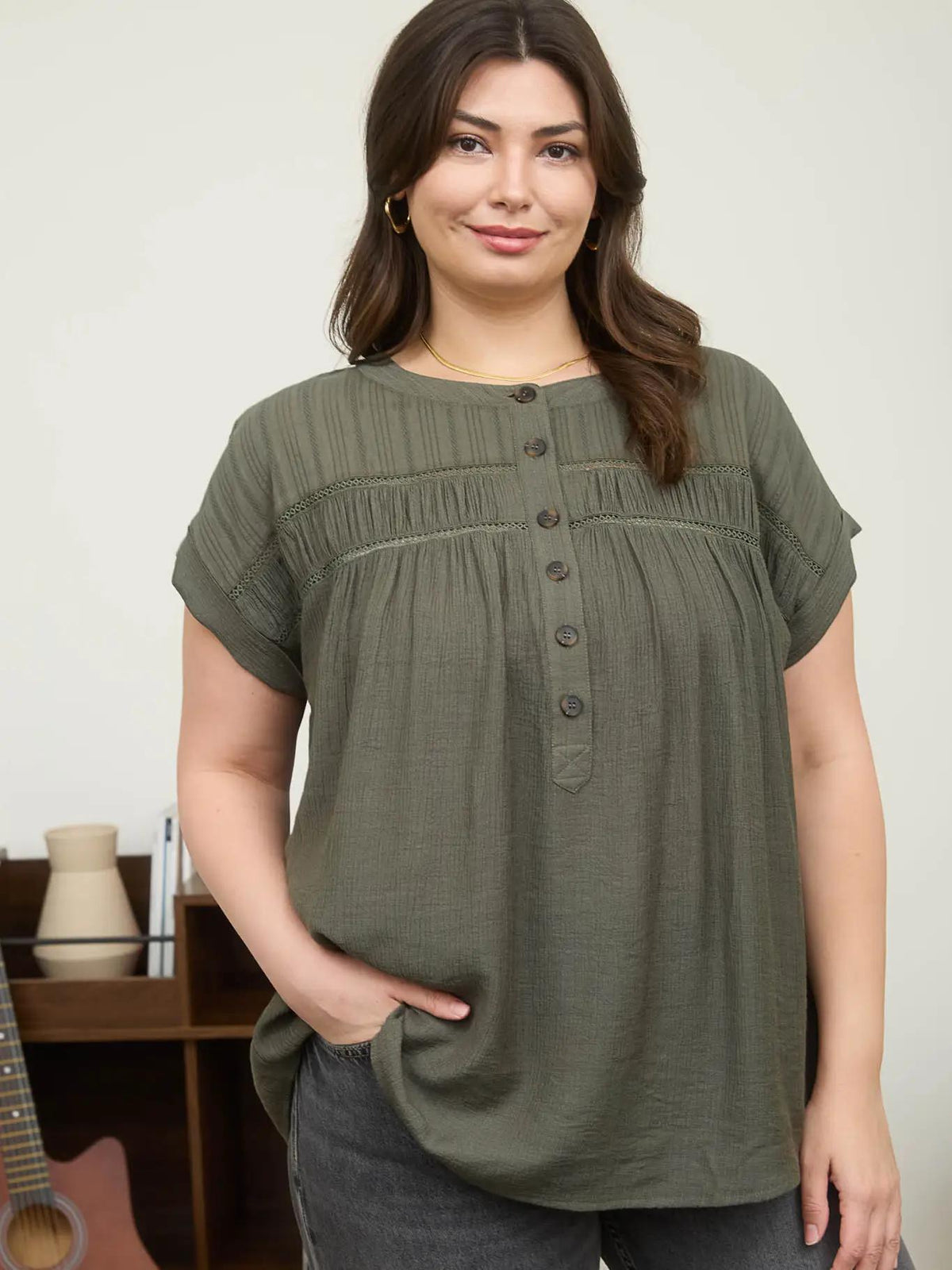 Plus Half Button Eyelet Trim Top - Olive