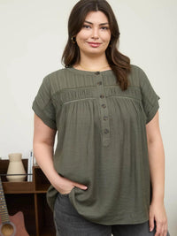 Plus Half Button Eyelet Trim Top - Olive