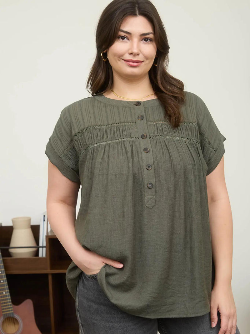 Plus Half Button Eyelet Trim Top - Olive