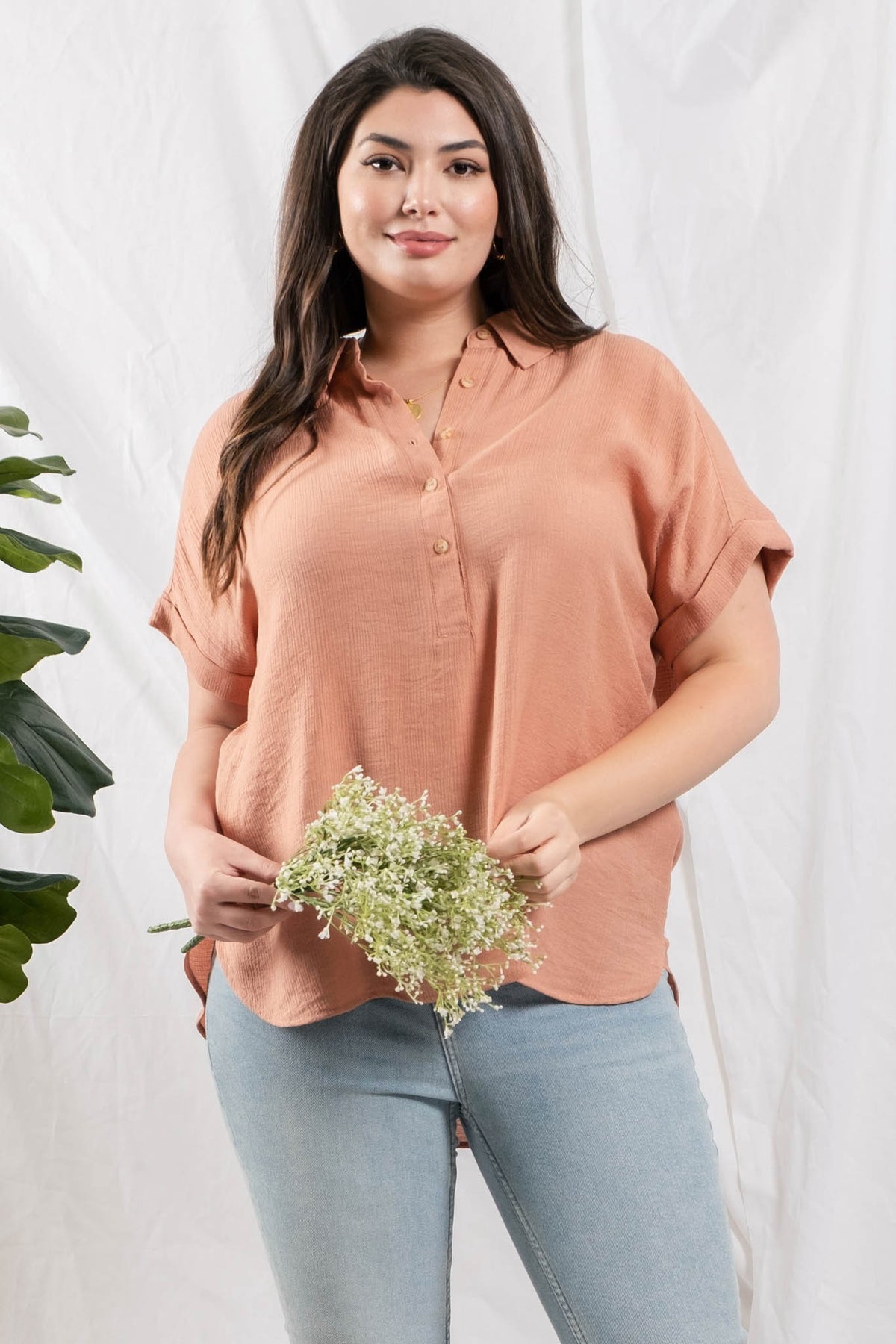 Plus Mid Button Down Top