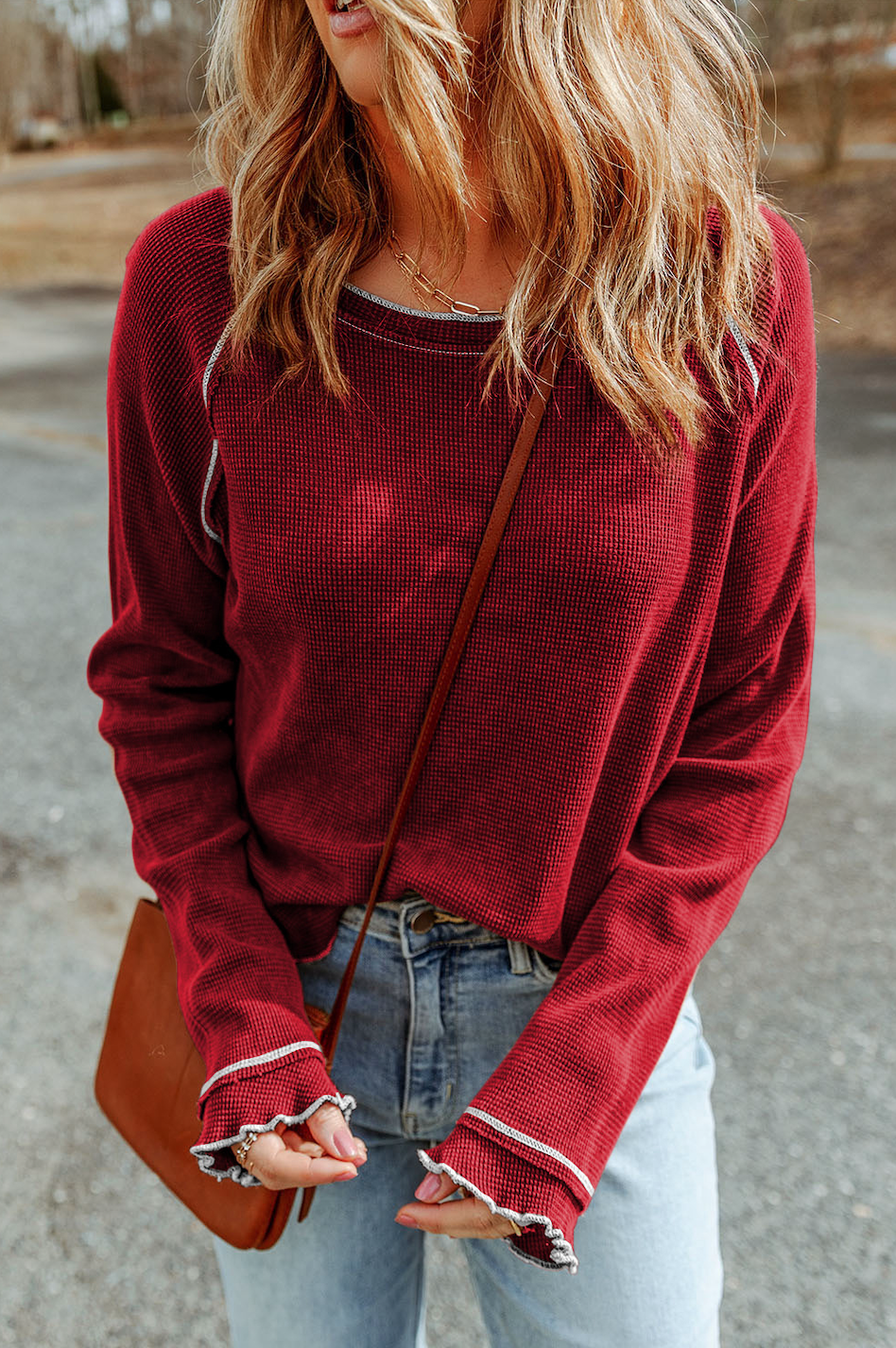 Textured Long Sleeve Top - Fiery Red
