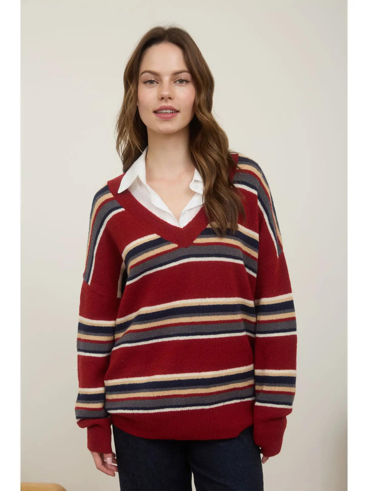 Multicolor Stripe V-Neck Sweater - Red