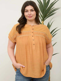 Plus Half Button Eyelet Trim Top - Dusty Apricot