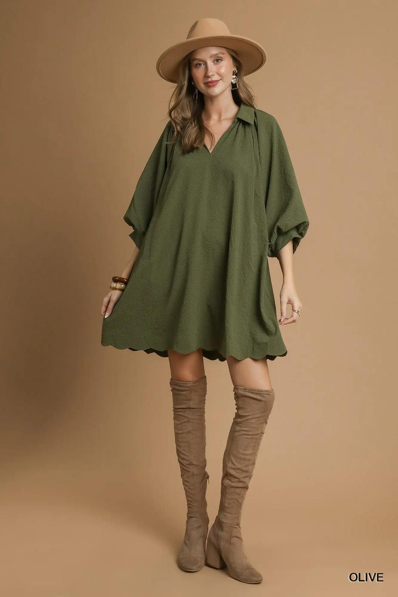 V-Neck Dress w/ Puff Sleeves - Olive